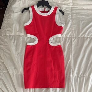 STAUD Red Mini Dress with White Trim Cutouts